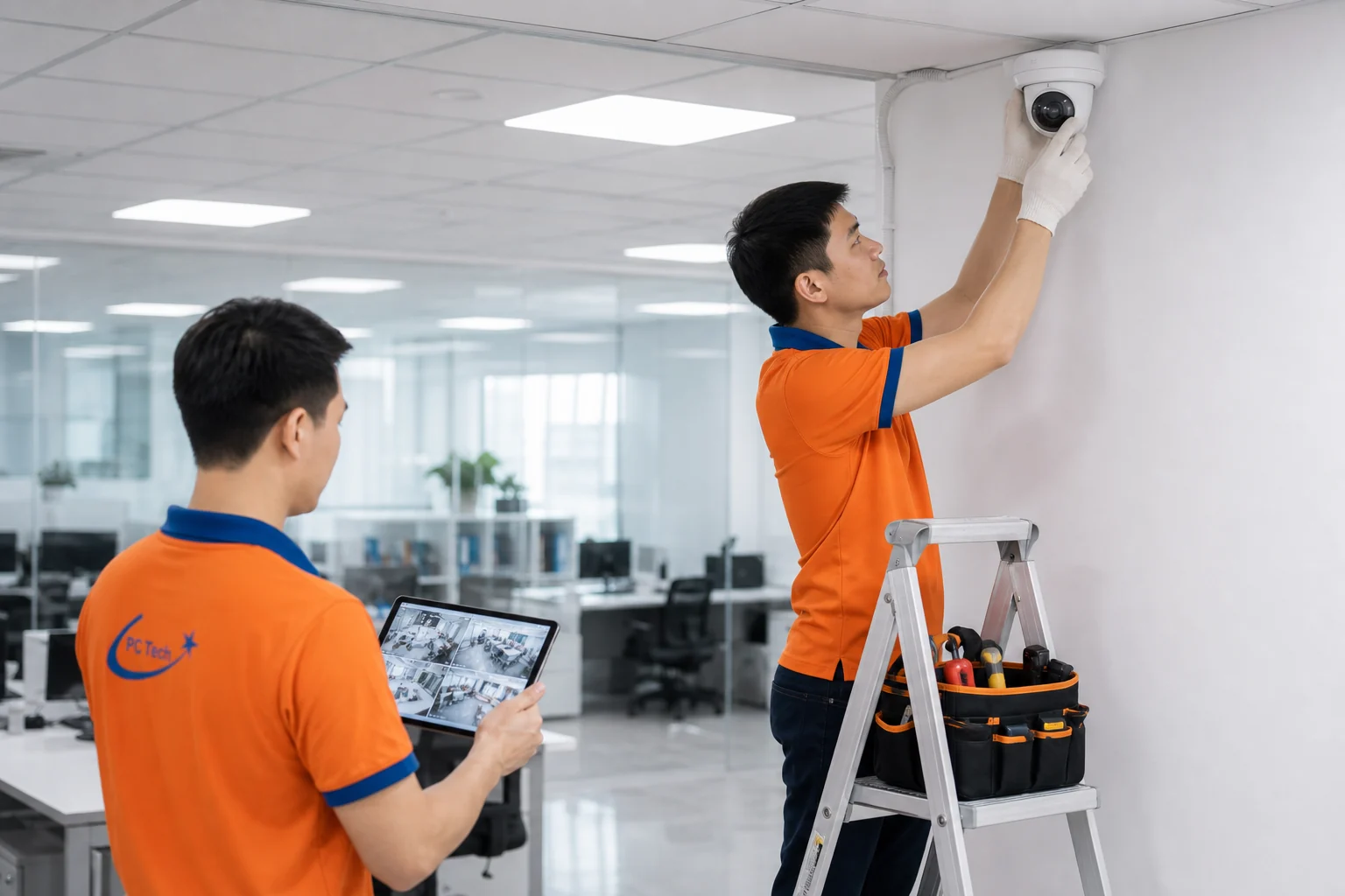 Kỹ thuật viên PCTech lắp đặt hệ thống camera